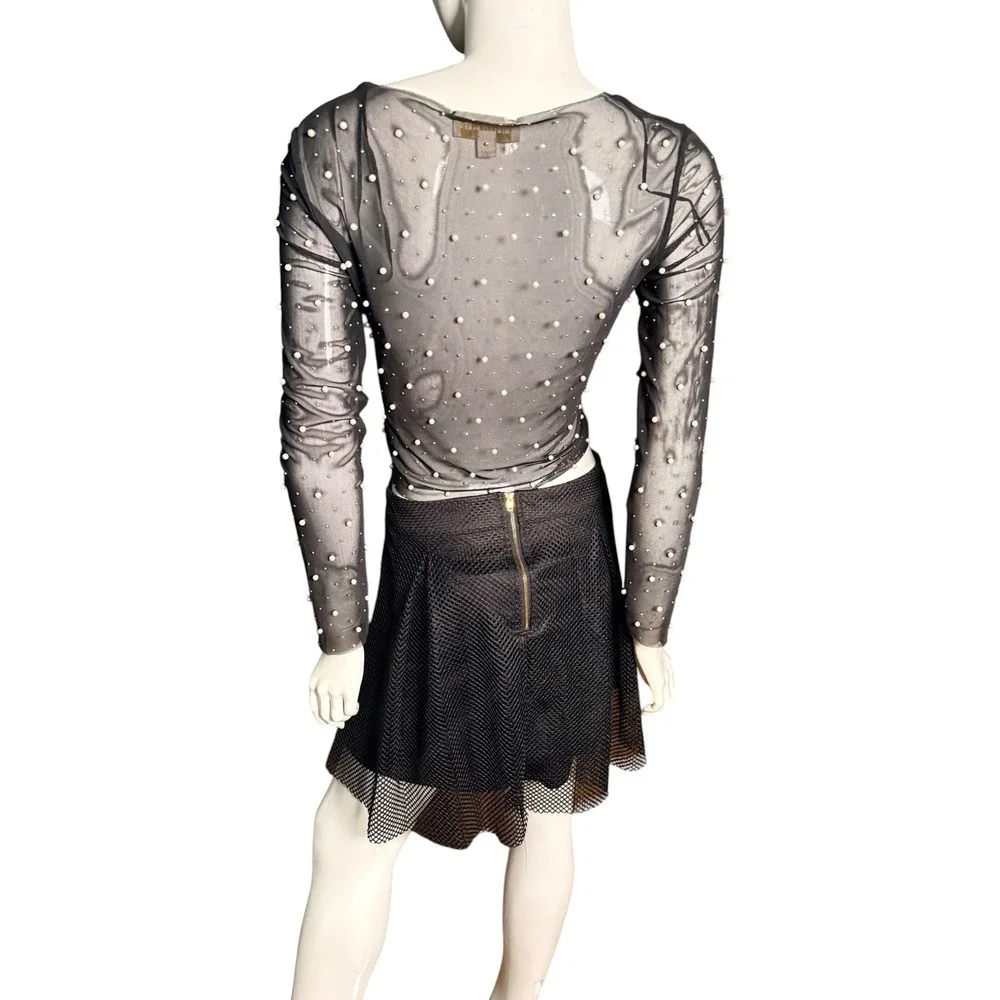 Thirty/Thirty LA Womens Black Sheer Mesh Pearl Embellished Crop Top Large - Picture 3 of 7